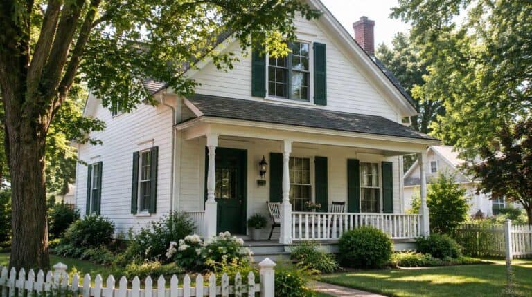 Older wood-sided home repainted in warm white with dark green shutters and a covered porch in Benton