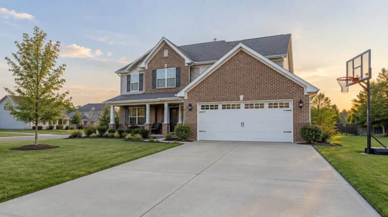 Brick and greige suburban home with a wide driveway and freshly painted garage door and trim in Cabot