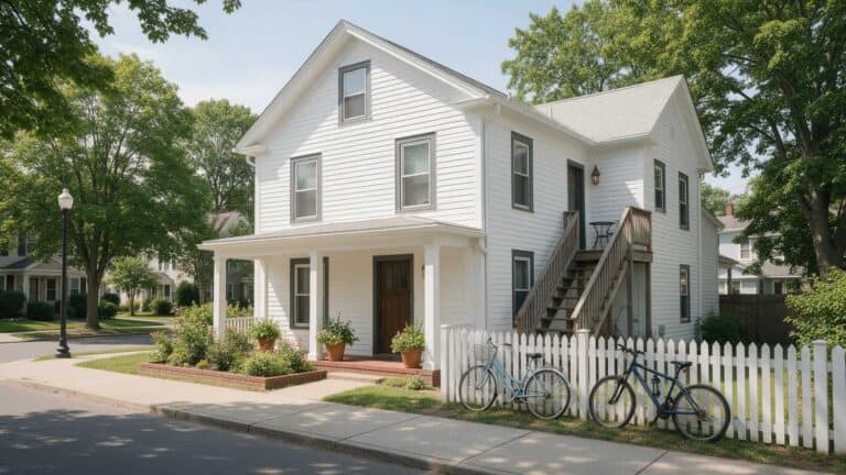 Older two-story rental house near campus, repainted in durable warm white with dark trim, in Conway