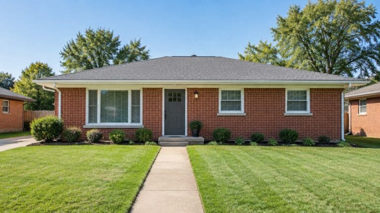 Mid-century red brick ranch home with freshly painted white fascia and trim in Jacksonville, Arkansas