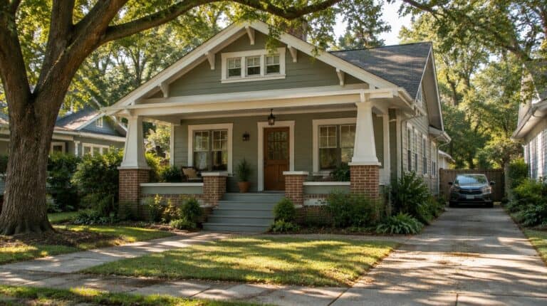 Craftsman bungalow with a deep front porch and freshly painted trim on a tree-lined Little Rock street
