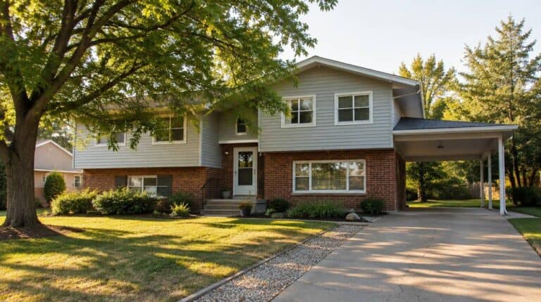 Split-level home with a brick front, carport and freshly painted siding under a shade tree in Mabelvale