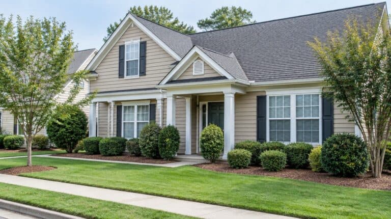 Tidy planned-community home with freshly painted beige siding and white trim in Maumelle, Arkansas