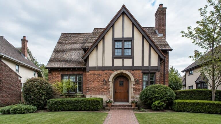 Tudor Revival home with half-timbering and an arched door, freshly painted trim, in North Little Rock