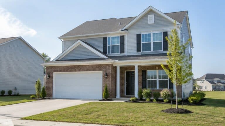 Two-story brick and grey-sided home with freshly painted white trim in a Sherwood subdivision